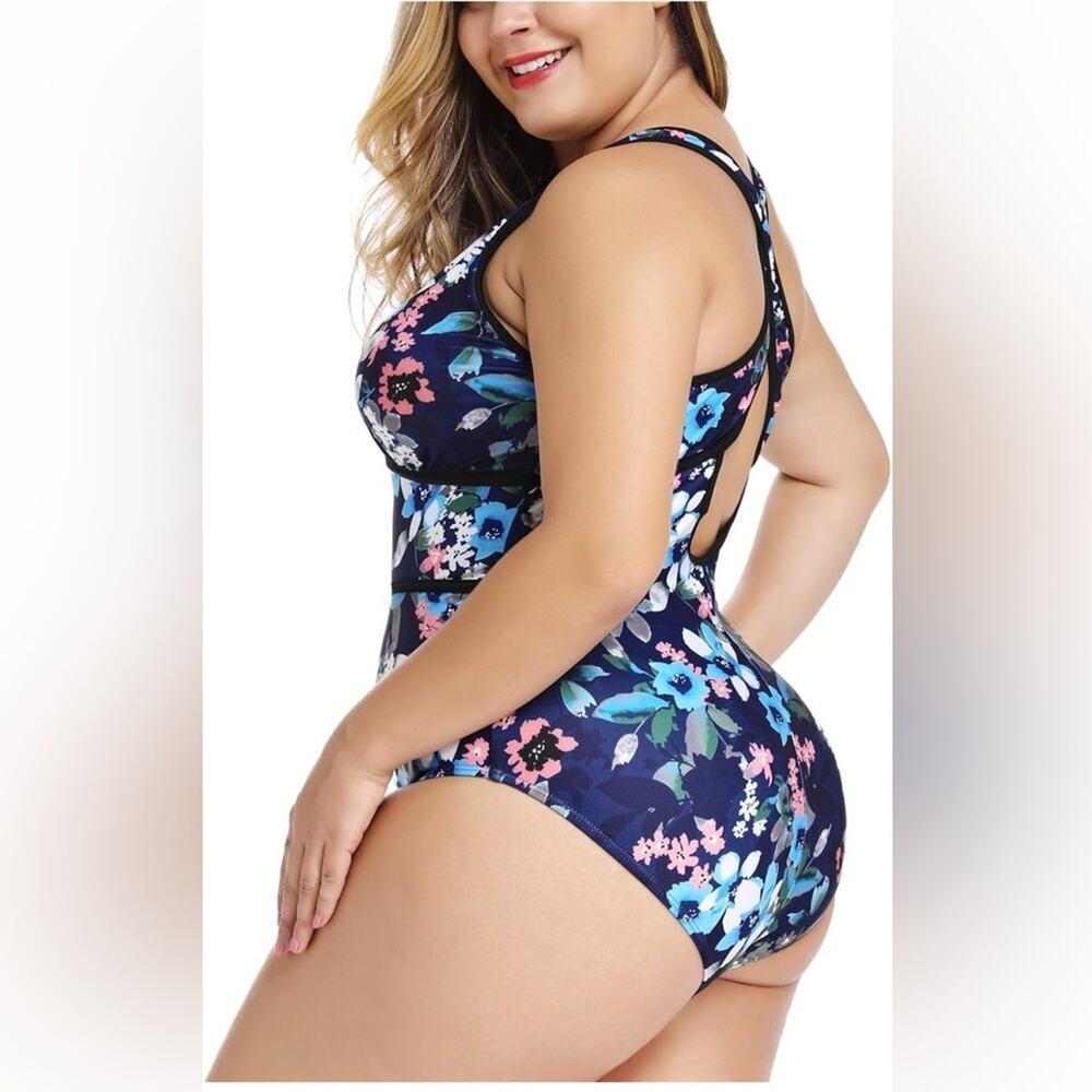 Plus Size Rosa Floral Print One Piece Swimsuit,Plunge Neckline Swimwear 3XL - Picture 3 of 4
